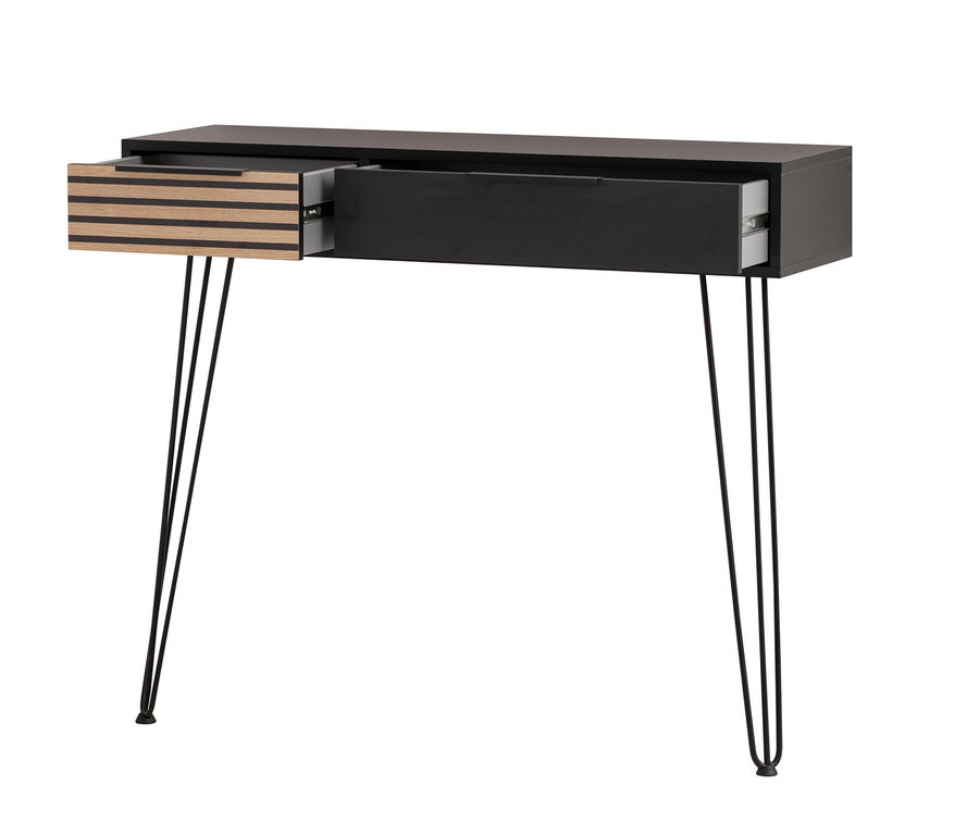 Schwarze Konsole »Hank« mit zwei offenen Schubladen und Metallbeinen.