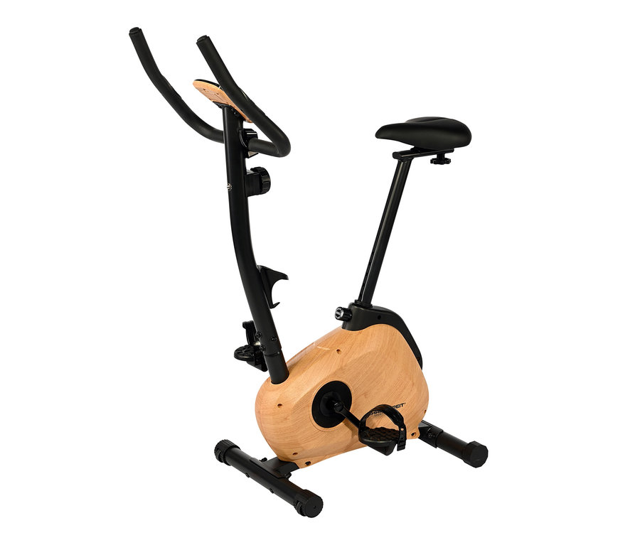Ein Heimtrainer 2.2 in Holzoptik mit schwarzen Lenker und Sattel.