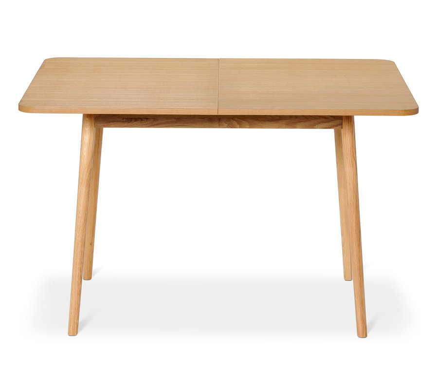 Erweiterbarer Esstisch aus hellem Holz mit vier Beinen.