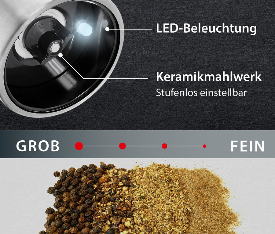 Detailansicht einer roten, elektrischen ADE Salz- und Pfeffermühle mit Beleuchtung und einstellbarer Mahlstärke.