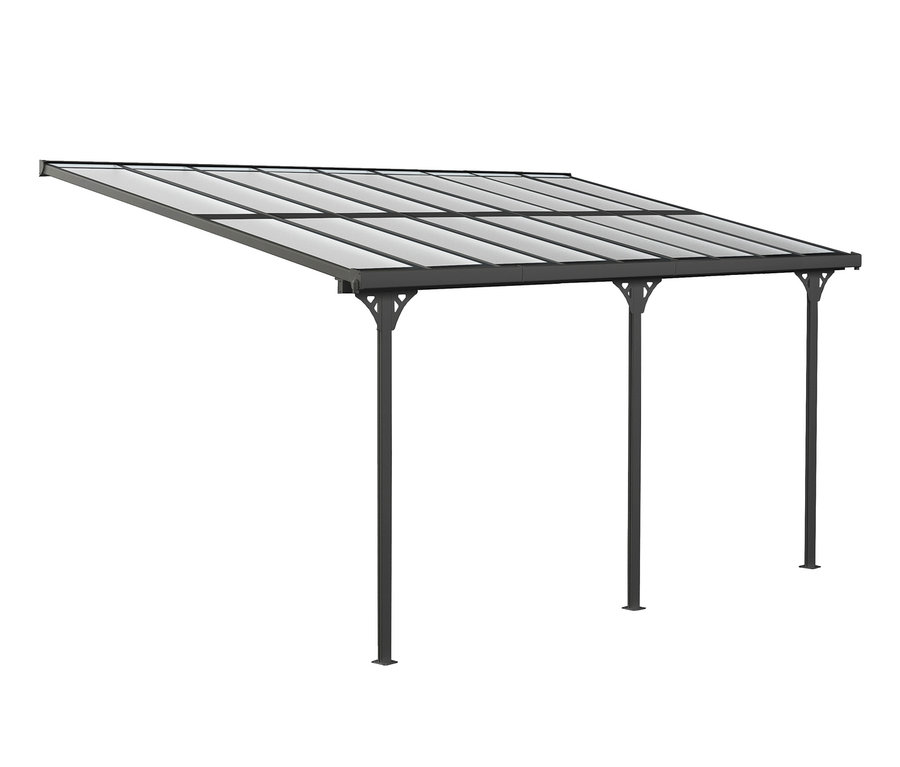 Anthrazitfarbene Terrassenüberdachung, Breite ca. 556 cm.