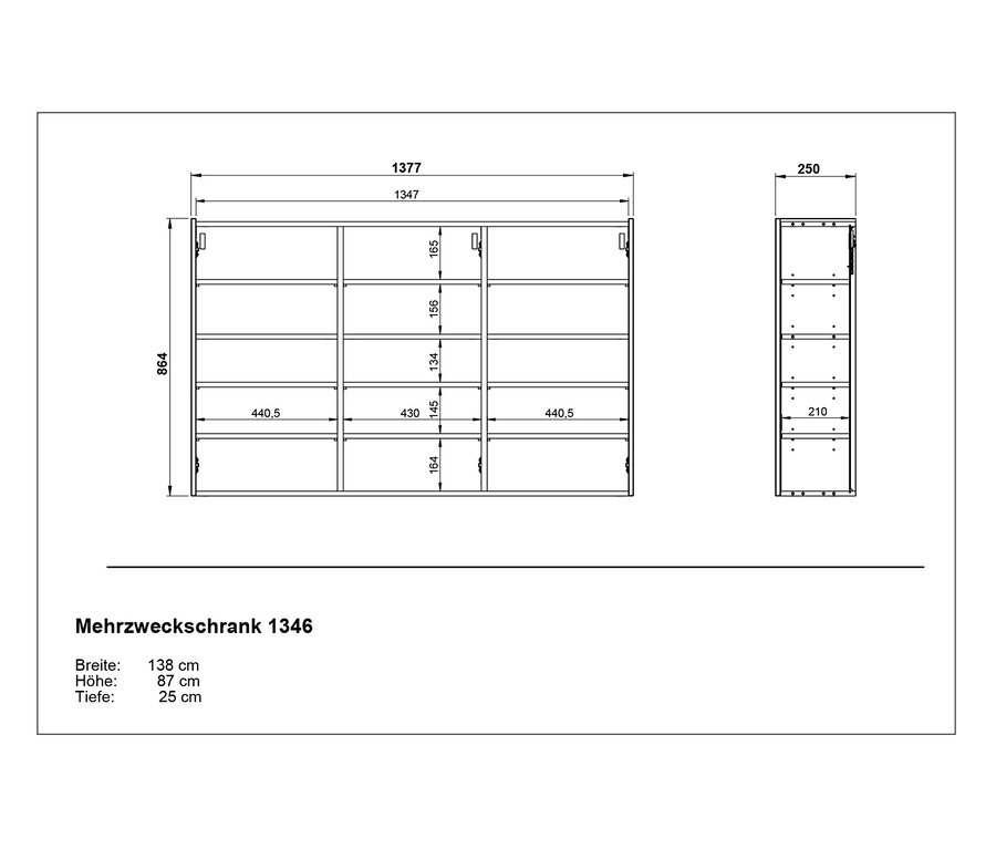 Abbildung des Mehrzweckschranks »Libbiano« in Weiß mit Maßangaben.