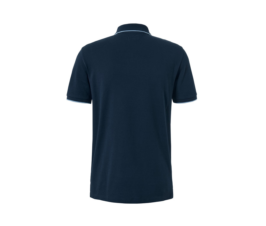 Rückansicht eines marineblauen Piqué-Poloshirts.