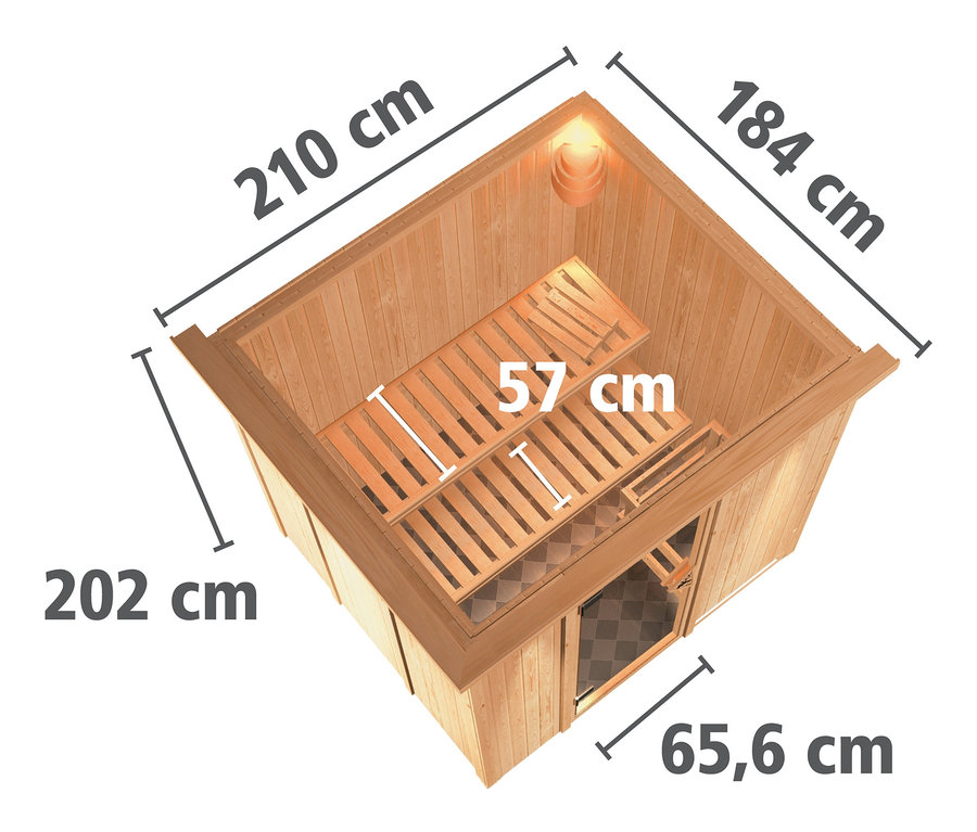 Draufsicht auf Karibu Energiesparsauna »Seco« mit den Maßen 210 cm, 184 cm und 202 cm.