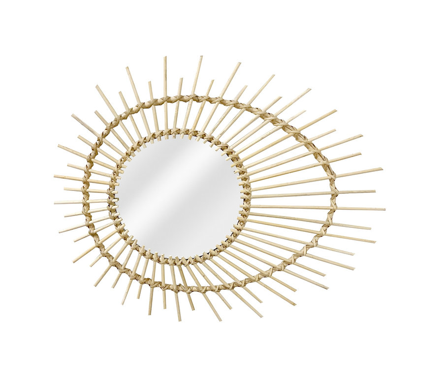 Kayoom Rattan-Spiegel »Aina« 125 mit rundem Spiegel und strahlenförmigem Rahmen aus Rattan.