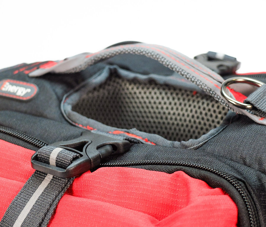 Detailansicht eines rot-schwarzen Hunderucksacks mit atmungsaktivem Netz und verstellbaren Trägern. Hunderucksack, Gr. M, Hunderucksack, Gr. L, Hunderucksack, Gr. S
