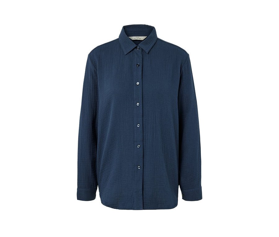 Marineblaue Musselin-Bluse mit Kragen und Knopfleiste.