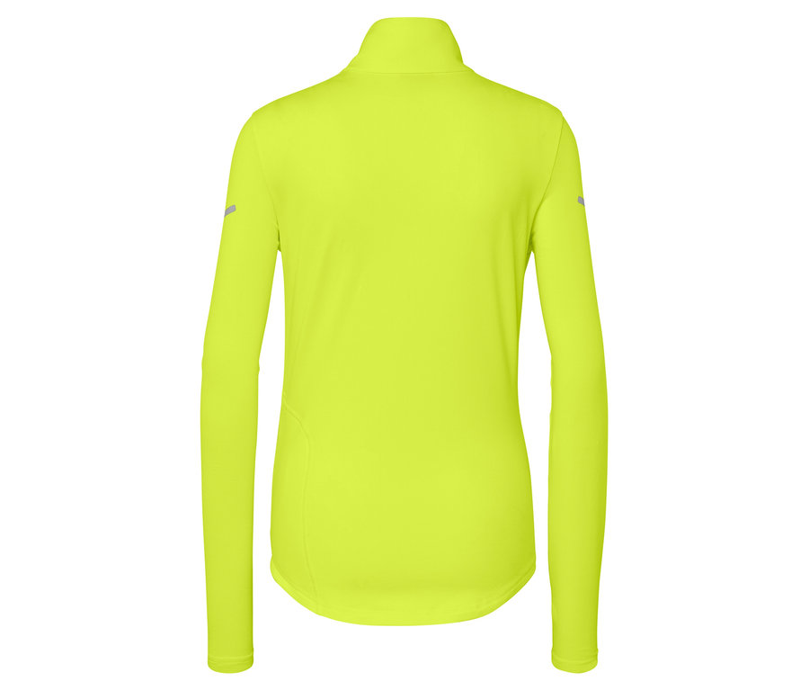 Rückansicht eines neongelben, langärmligen Sportoberteils mit Reißverschluss am Kragen.