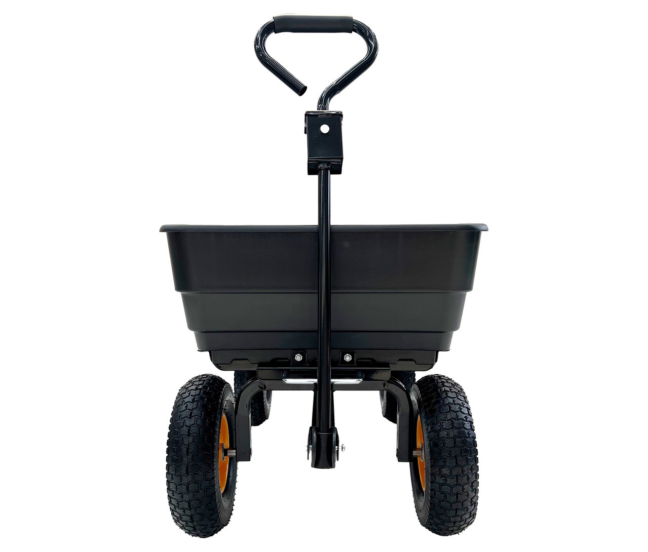 Schwarzer Gartenwagen mit vier Rädern und Griff, von vorne aufgenommen.