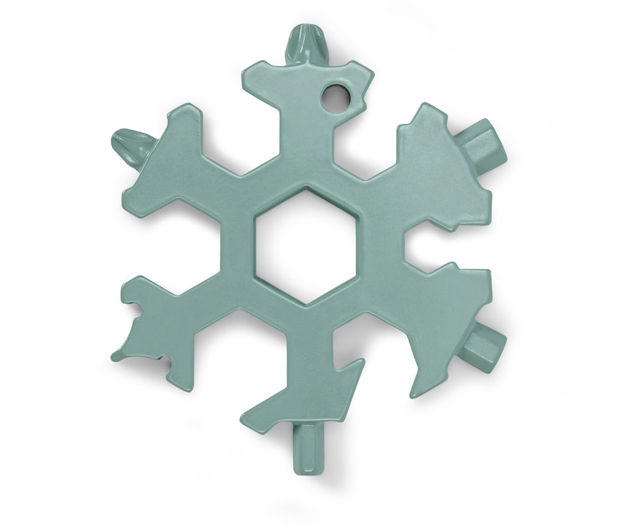 Ein grüner, schneeflockenförmiger Multifunktionsschlüssel auf einem weißen Hintergrund.