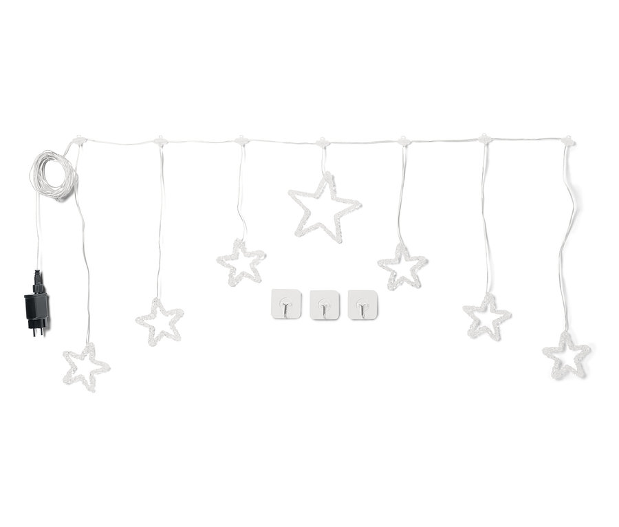 Weiße Lichterkette mit Sternen und drei Kabelhalterungen auf weißem Hintergrund.