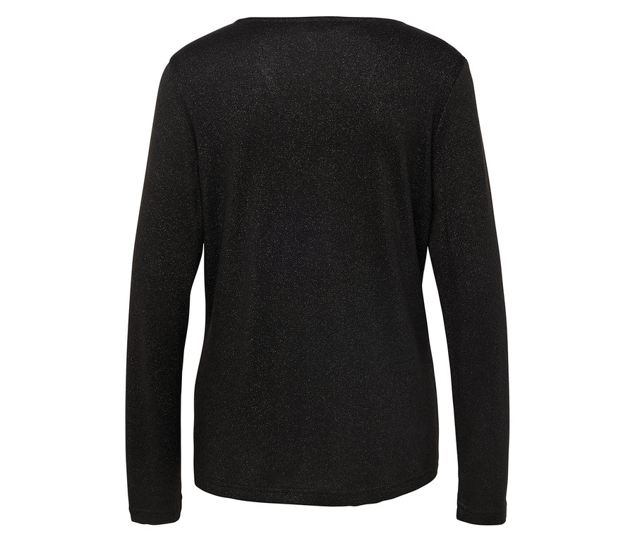 Rückansicht eines schwarzen, glitzernden Langarmshirts mit Rundhalsausschnitt.