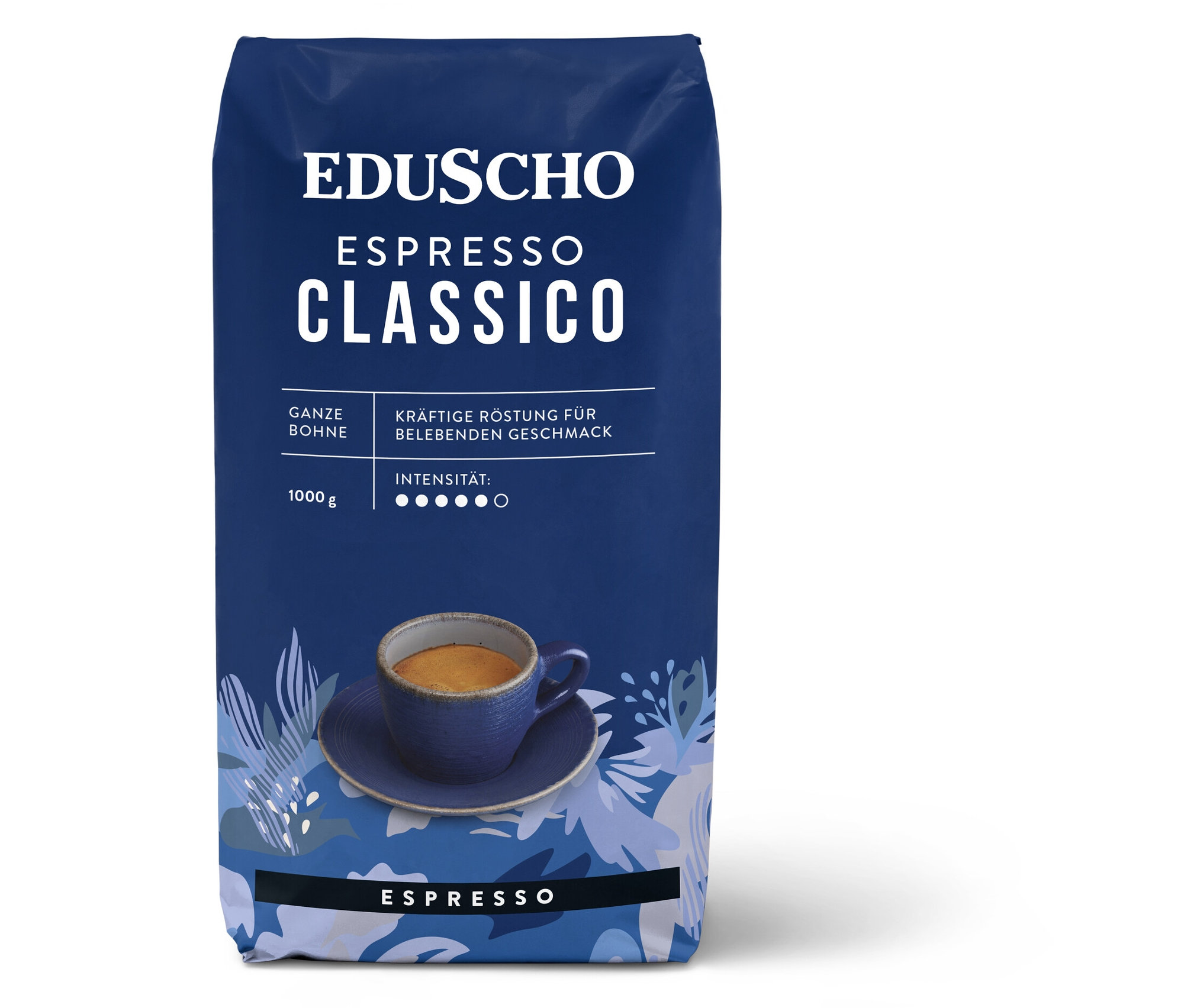 Eine Packung EDU Espresso Classico 1000g Ventil mit einer Tasse Espresso.