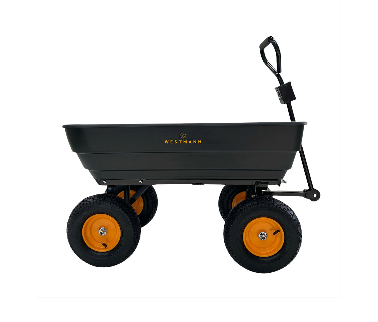 Schwarzer Bollerwagen von Westmann mit gelben Felgen und schwarzem Griff.