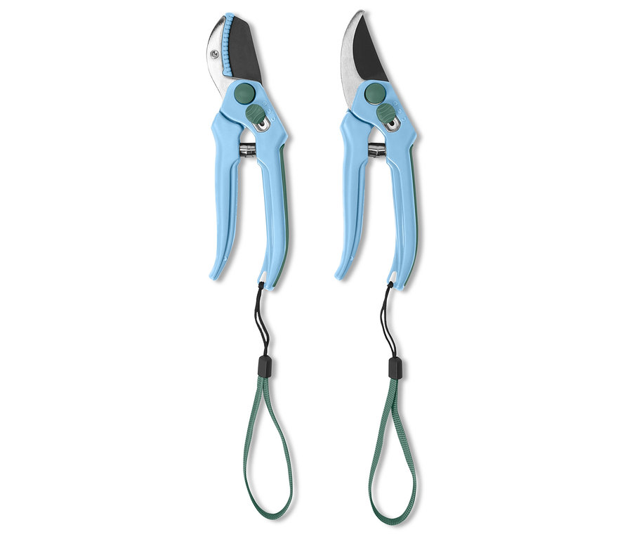 Zwei Gartenscheren mit blauen Griffen und grünen Schlaufen.
