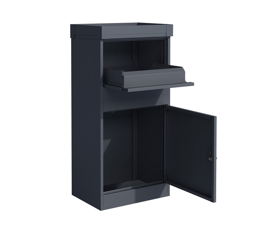 Eine dunkelgraue Paketbox mit Blumenkasten, die Tür ist offen und eine Schublade ist herausgezogen.