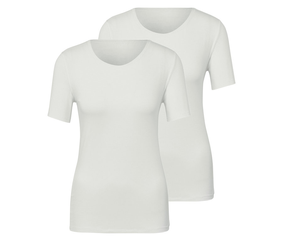 Zwei weiße T-Shirts mit kurzen Ärmeln.