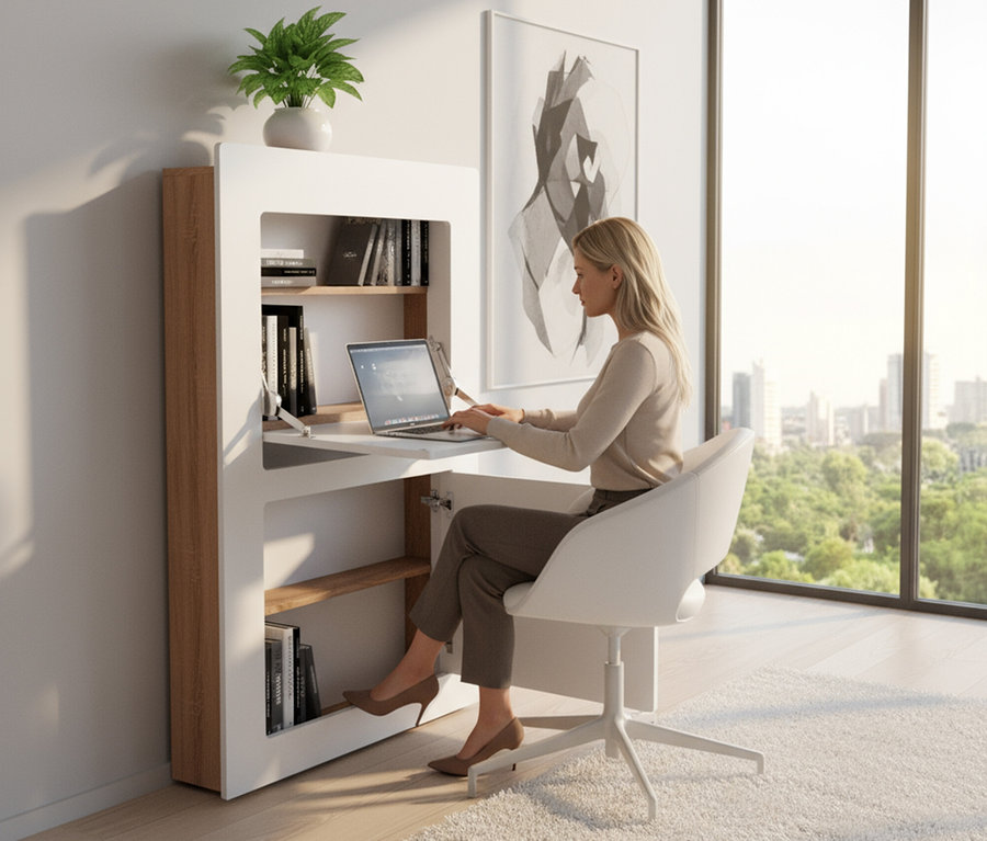 Frau sitzt am Roba Schreibtisch »Milano« und benutzt einen Laptop.