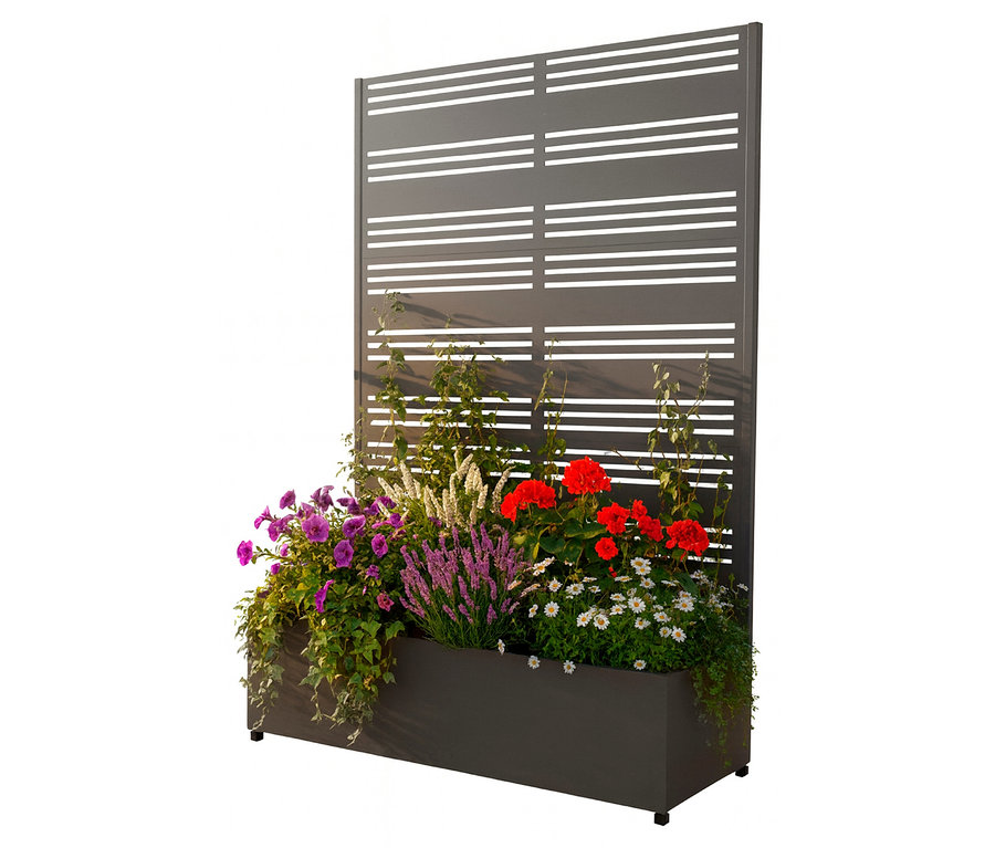 Blumenkasten mit rosa-, lila- und weißen Blumen vor einem grauen Sichtschutz.