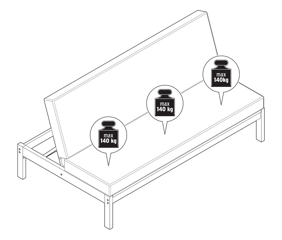 Illustration einer 2-in-1-Gartenbank ‒ Doppel-Sonnenliege mit Gewichtsangaben.