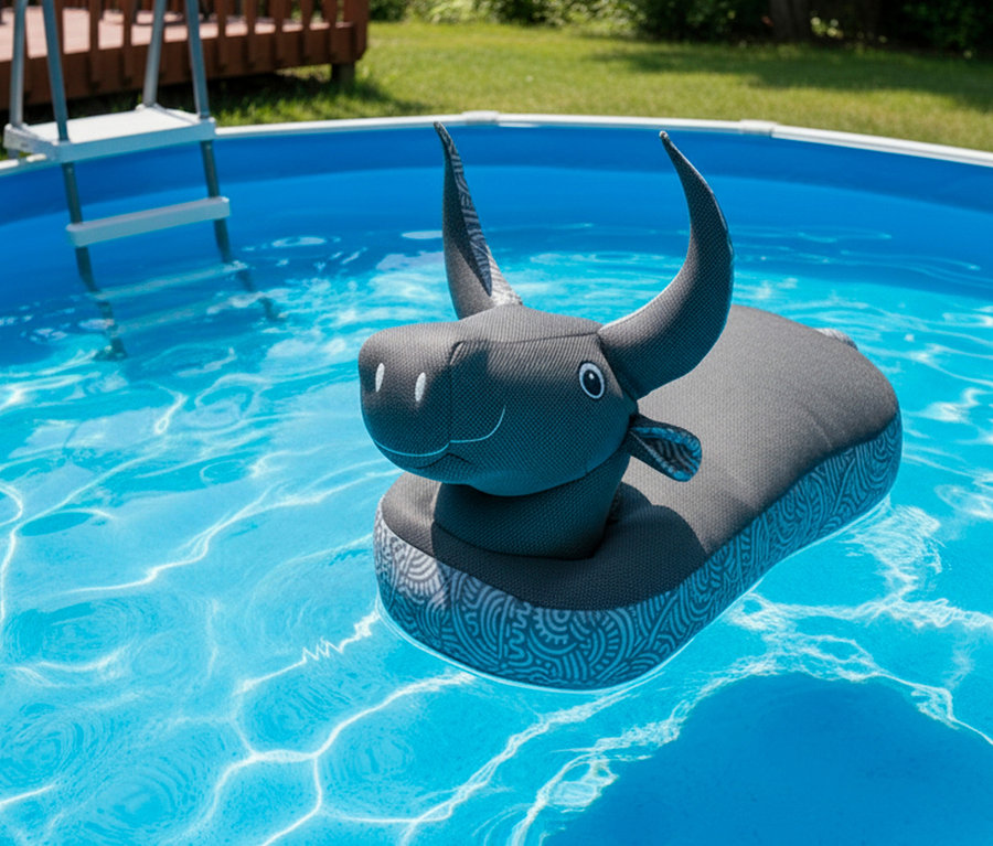 Ein graues, aufblasbares Spielzeug in Form eines Bullen schwimmt in einem Pool.