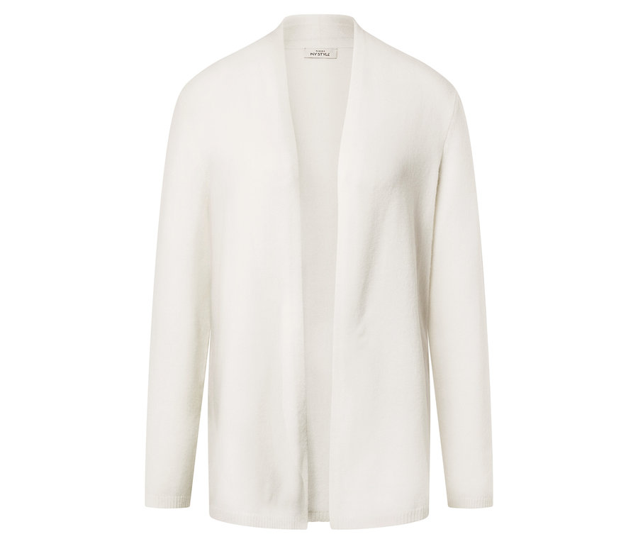 Ein weißer, offener Cardigan mit langen Ärmeln liegt flach.