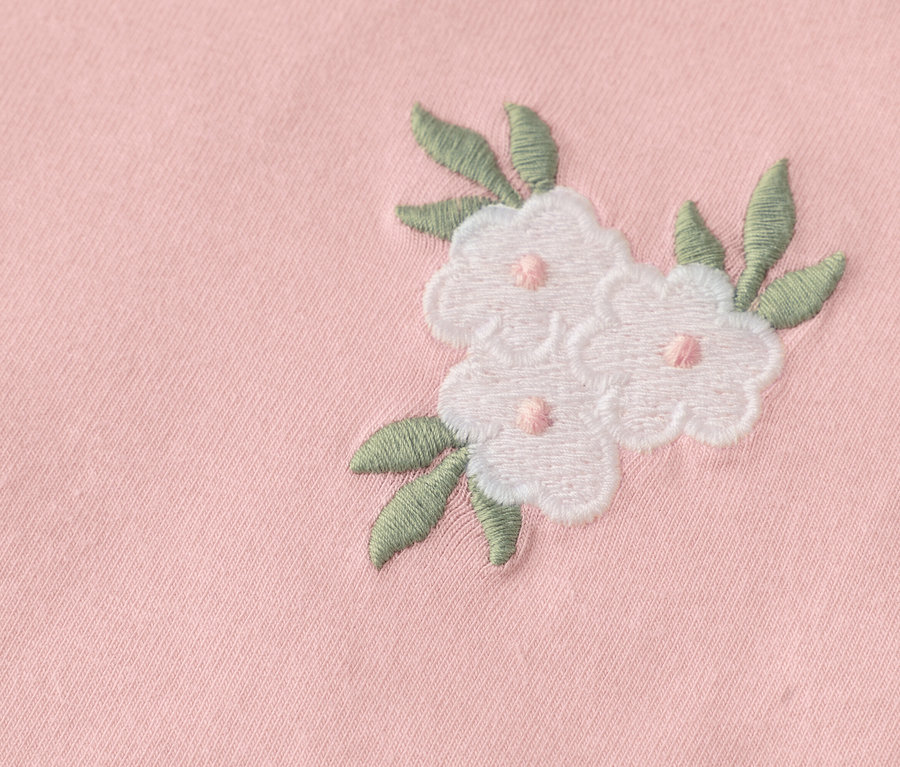 Nahaufnahme von drei gestickten weißen Blüten mit grünen Blättern auf einem rosa Stoff.