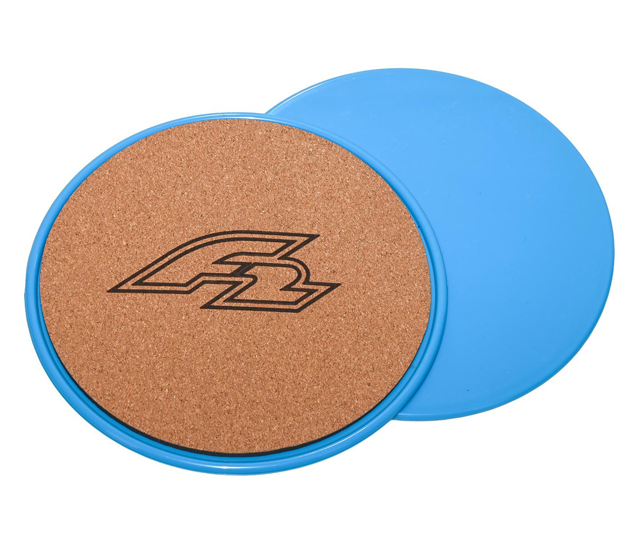 Nahaufnahme von zwei blauen F2 Yoga Set Teilen, eines davon mit Korkoberfläche und Logo.