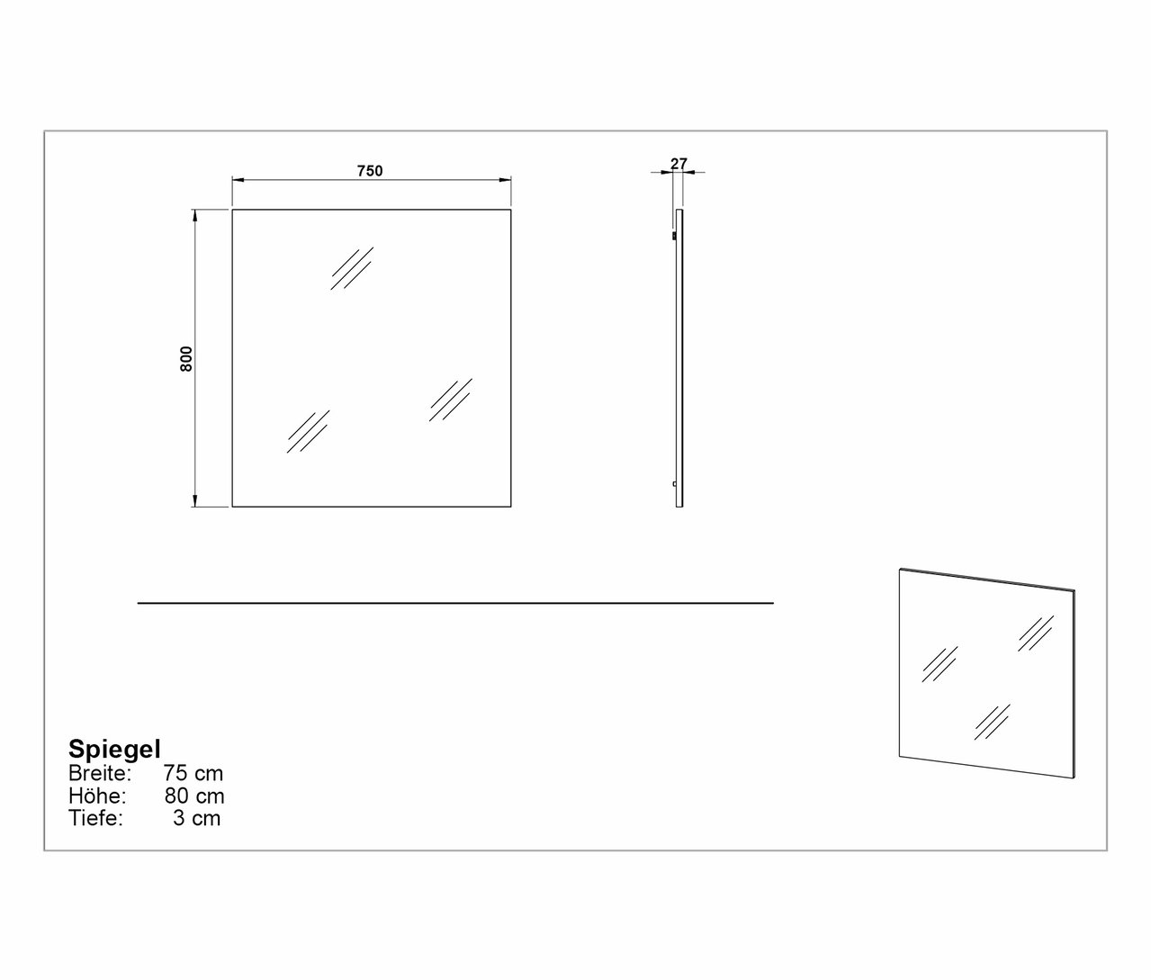 Technische Zeichnung eines Spiegels »Alviano« mit Breiten-, Höhen- und Tiefenangaben.