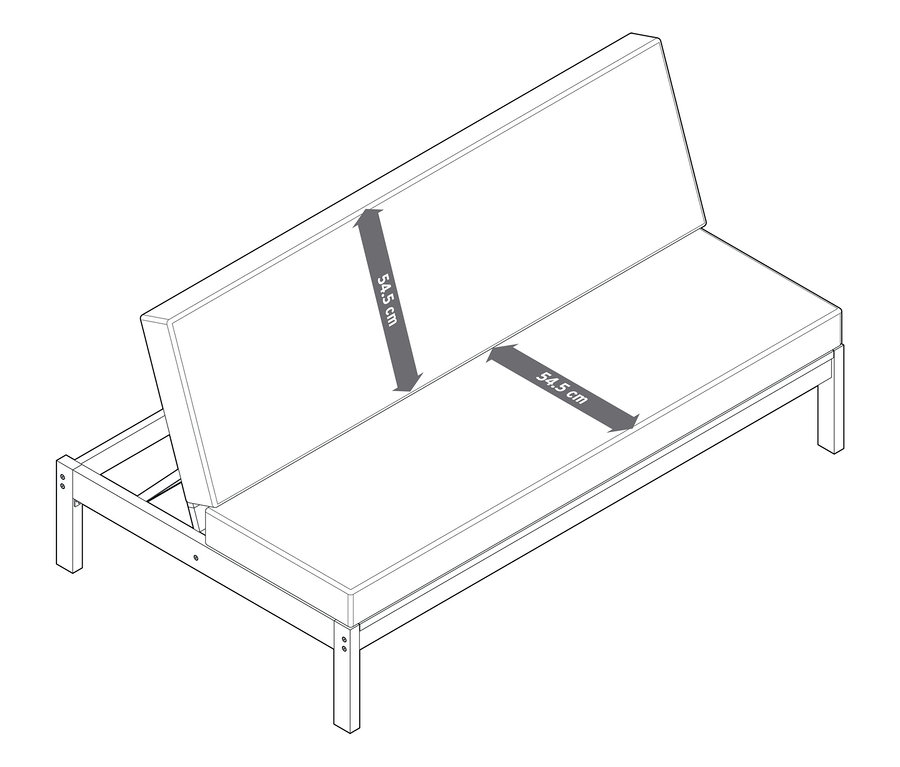 2-in-1-Gartenbank ‒ Doppel-Sonnenliege in halber Liegeposition mit Maßangaben.