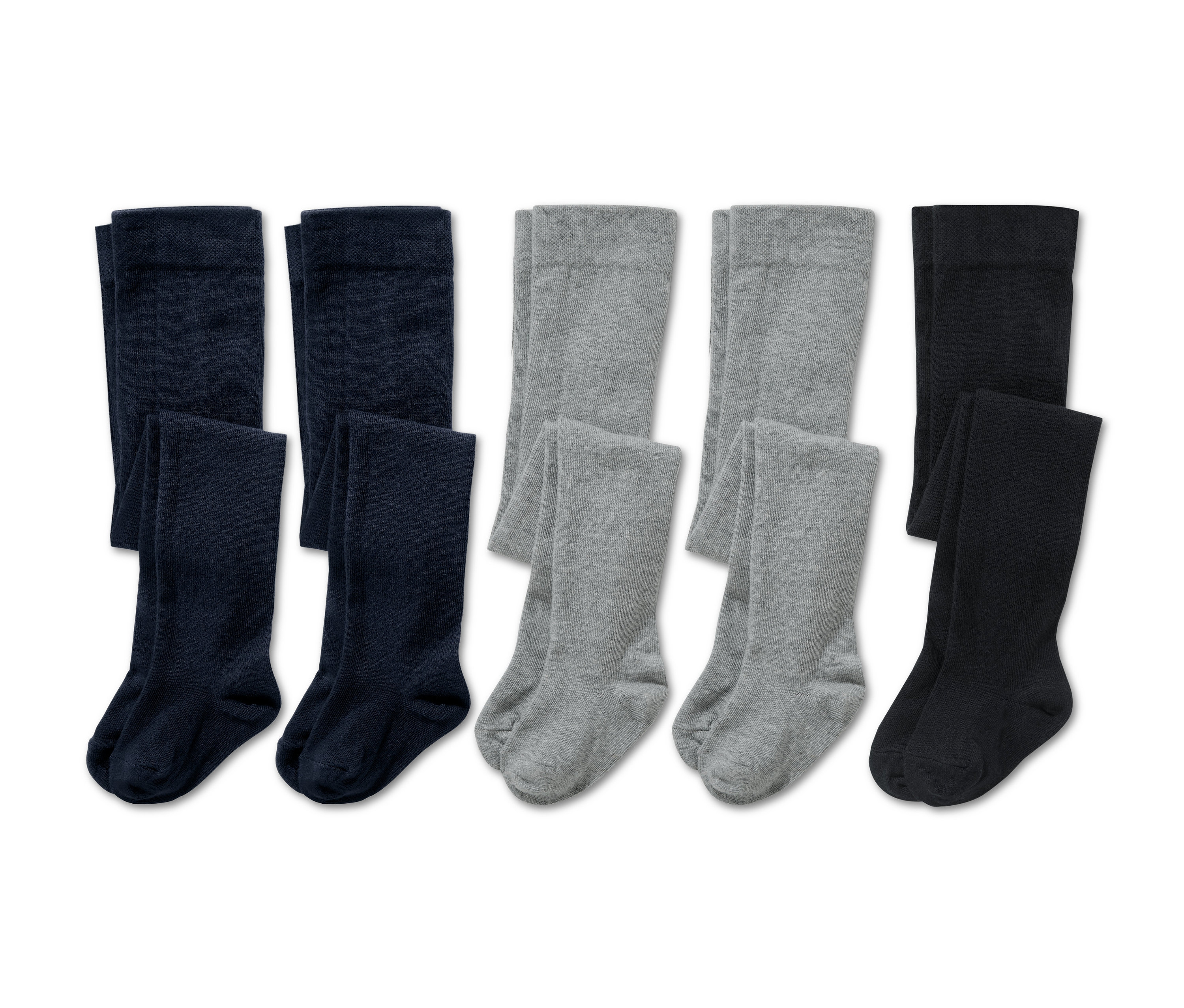 Fünf Strumpfhosen in Schwarz, Grau und Dunkelblau.