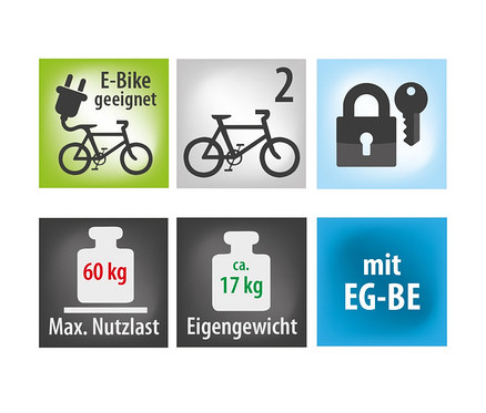 Symbole zeigen Eigenschaften des Fahrradträgers: E-Bike-Eignung, Kapazität für 2 Fahrräder, Schloss, maximale Nutzlast 60 kg und Eigengewicht 17 kg.