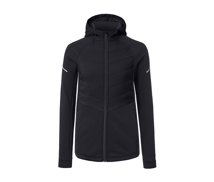 Schwarze Thermojacke mit Reißverschluss und Kapuze.