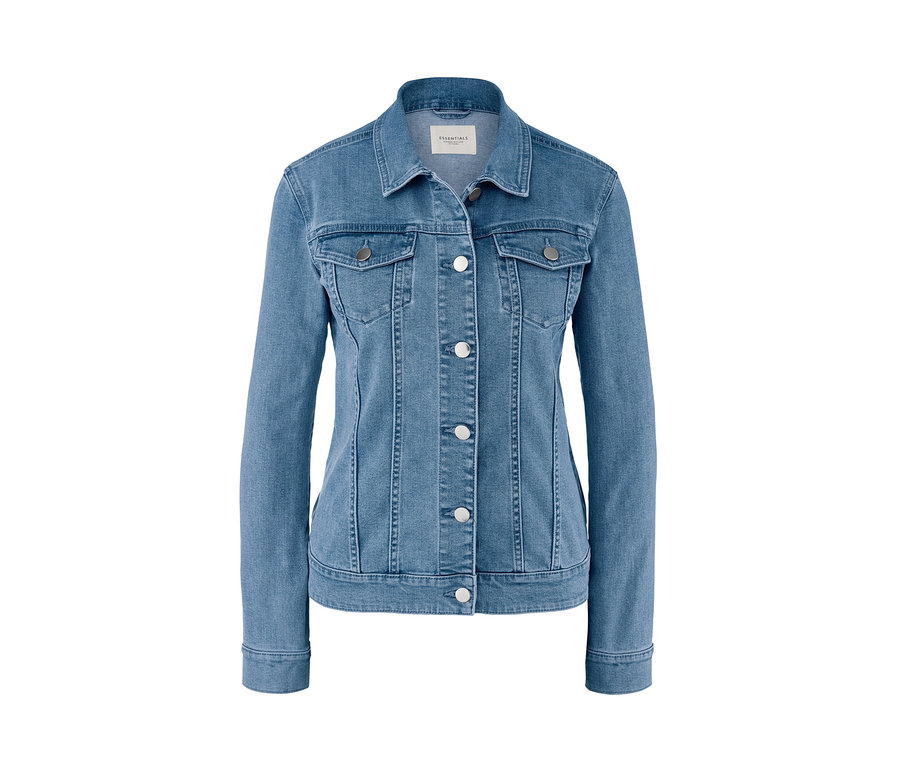 Blaue Jeansjacke mit Knöpfen.