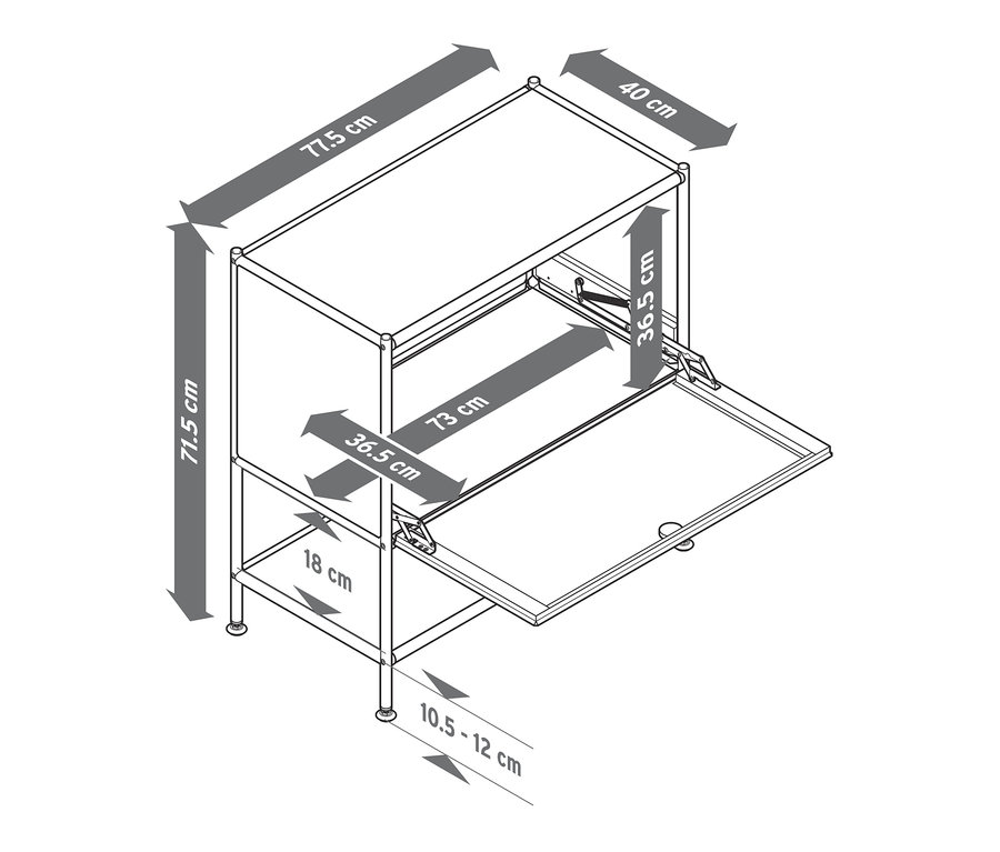 Skizze eines weißen Sideboards »CN3« mit einer Klappe und Bemaßungen.
