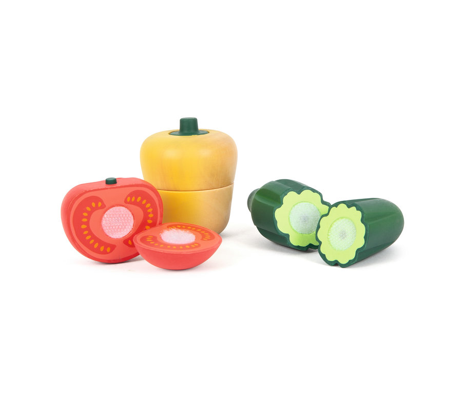 Geschnittenes Holzspielzeug small foot Gemüse- und Nudel-Set »fresh«: Tomate, Paprika und Gurke.