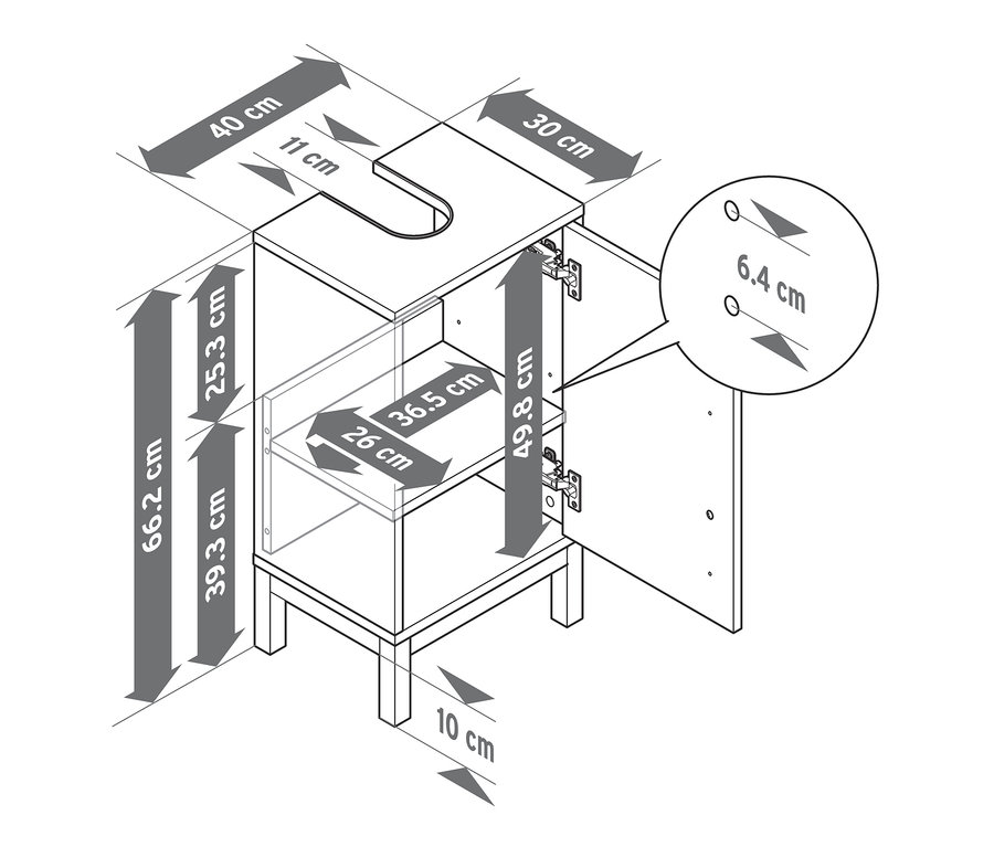 Abmessungen von kleinem Waschbeckenunterschrank »Eklund«.