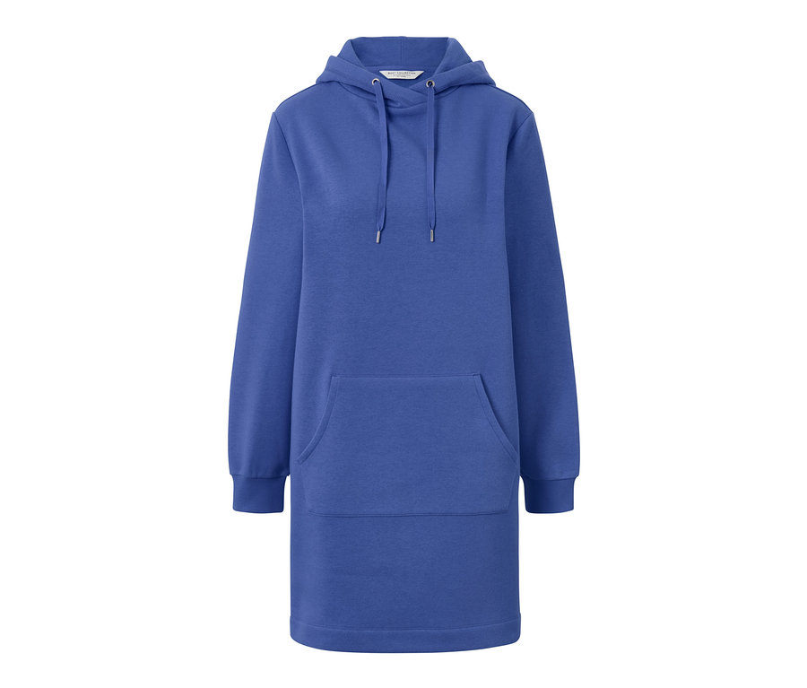 Blaues Loungewear-Kleid mit Kapuze und Tasche.