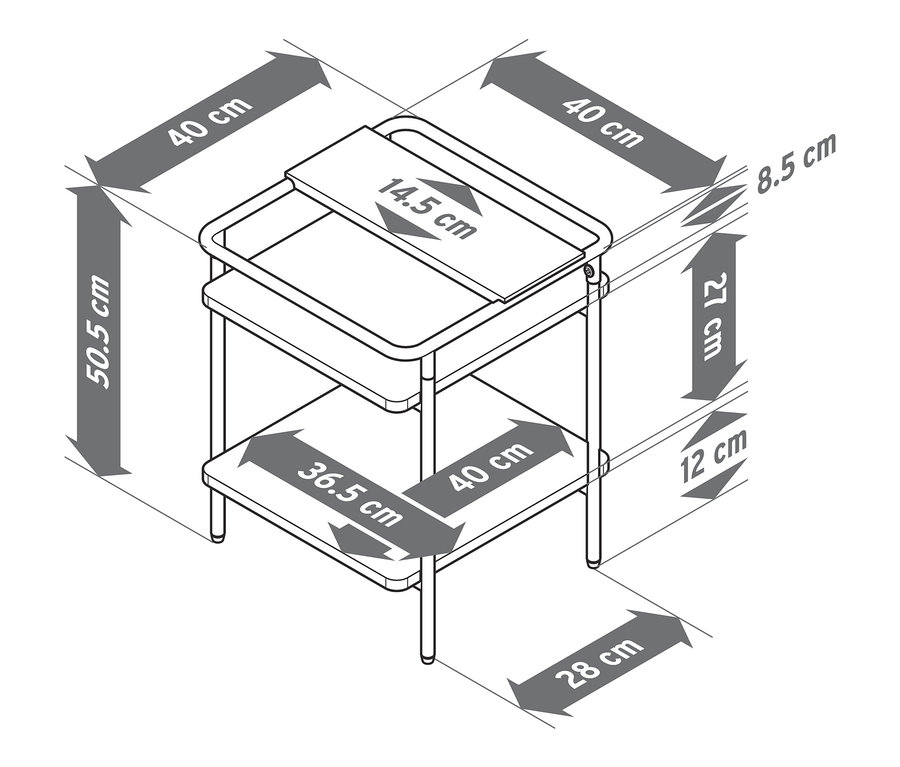 Skizze eines Beistelltisches mit Maßangaben.