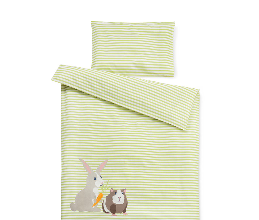 Kinder-Renforcé-Bettwäsche mit Kaninchen-, Meerschweinchen- und Karottenmuster.