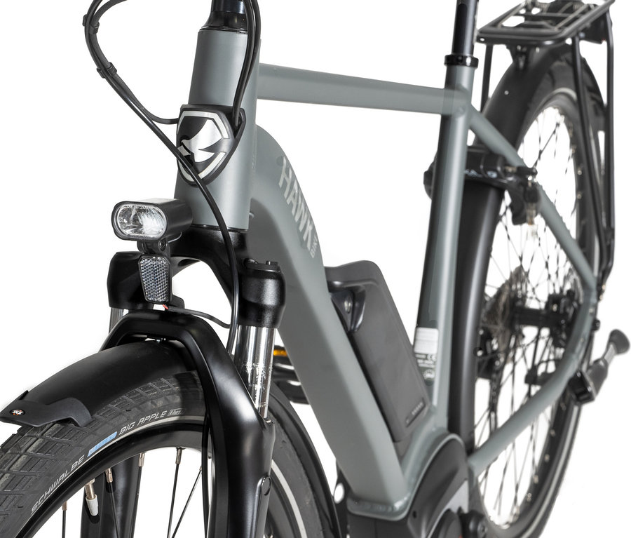 Detailansicht eines grauen HAWK E-TREKKING 500 GENT Fahrrads.
