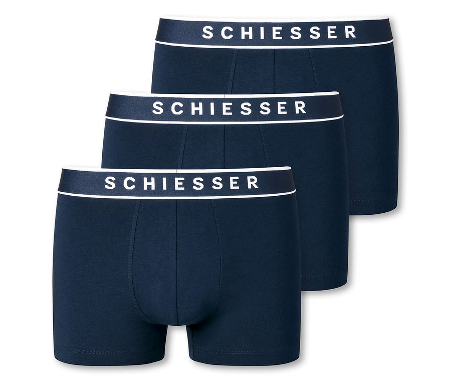 Drei dunkelblaue SCHIESSER Shorts mit Bio-Baumwolle.