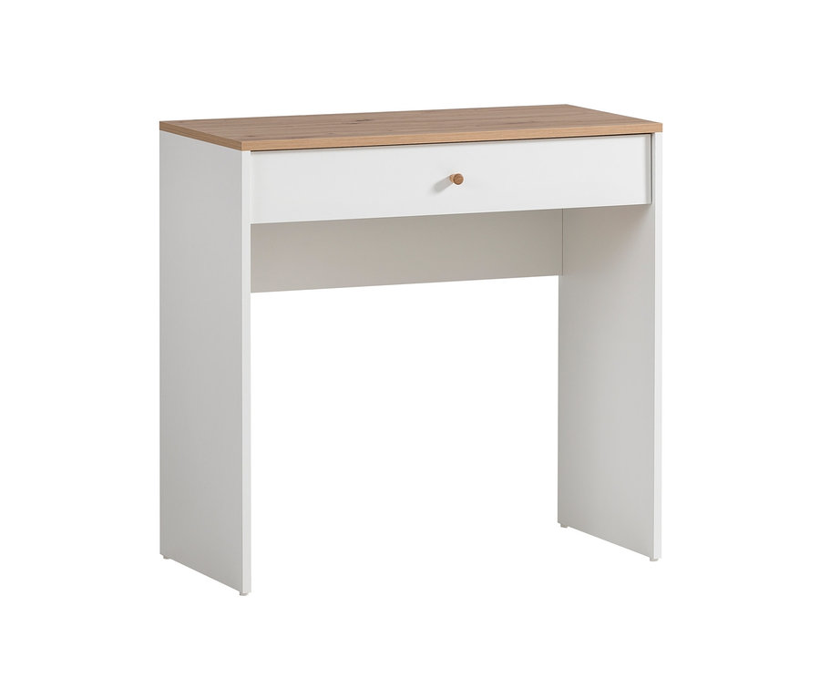 Weißer Frisiertisch »Hilda« mit brauner Platte und Schublade mit rundem Griff.