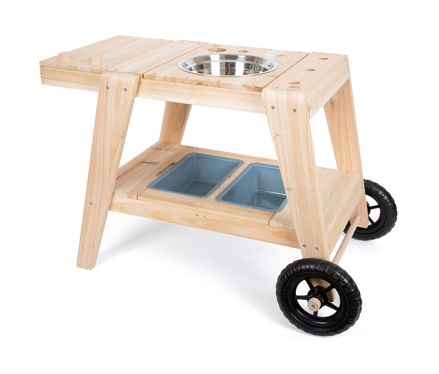 Eine kompakte small foot Matschküche mit einer silbernen Schüssel und zwei grauen Behältern.