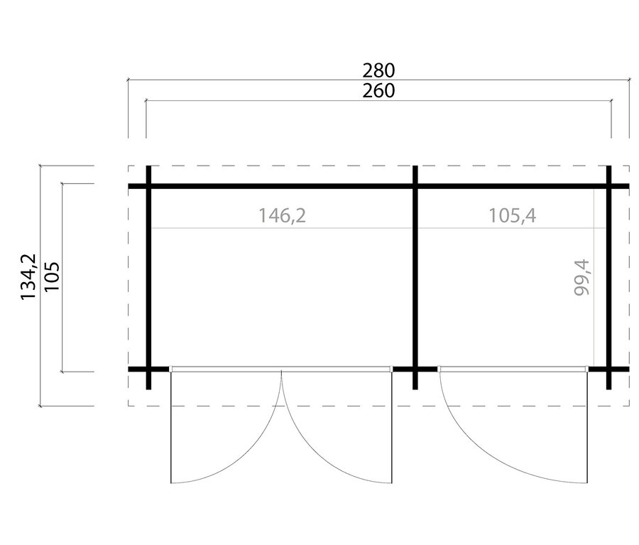 Zeichnung von Weka Premium-Gerätehaus mit 2 separaten Räumen, 28 mm.