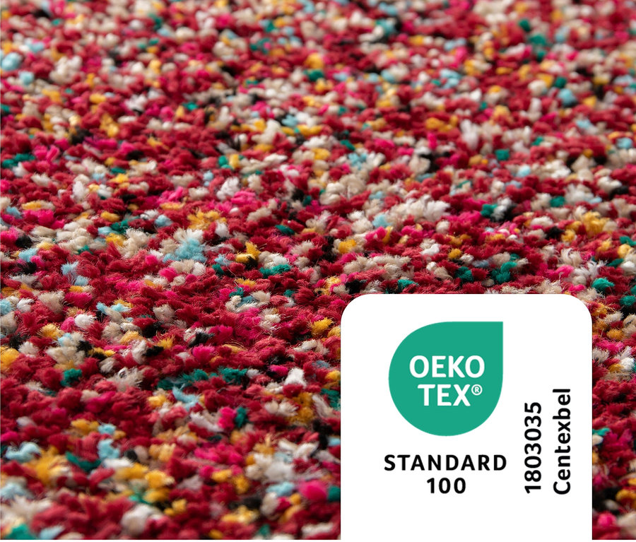 Detailaufnahme eines bunten Teppichs »Relic«, autumn spice, mit OEKO-TEX® Standard 100 Zertifikat.
