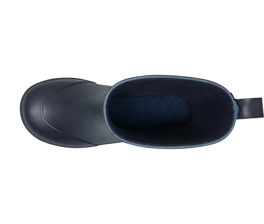 Draufsicht auf einen einzelnen dunkelblauen Gummistiefel.