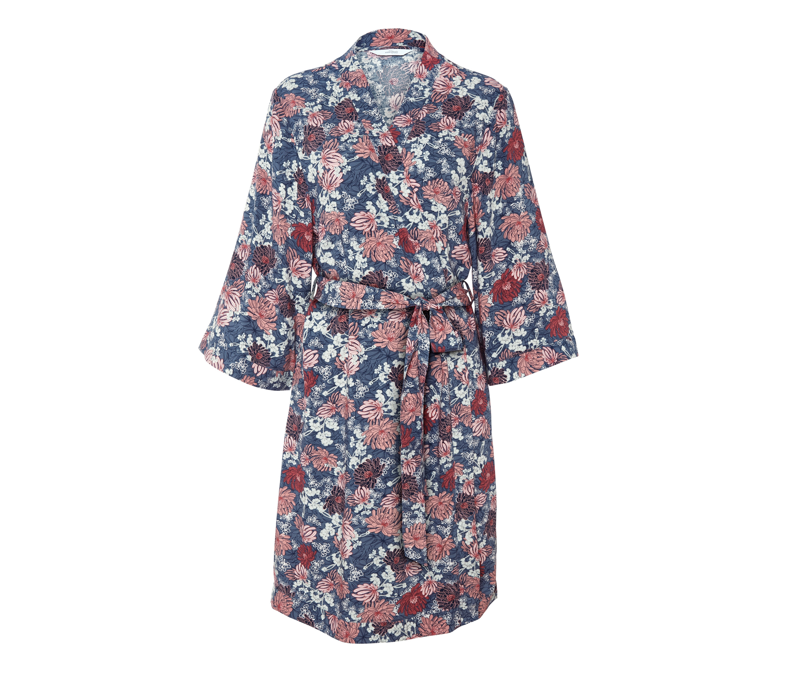 Blauer Kimono-Morgenmantel mit Blumenmuster.