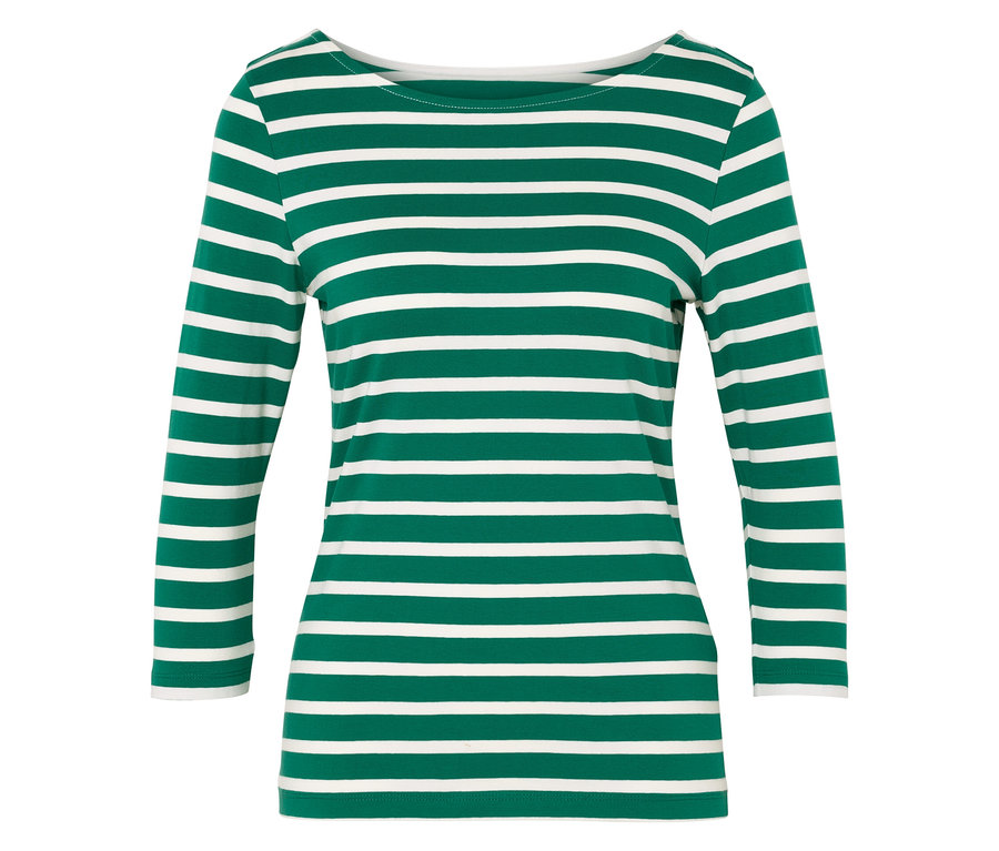 Grün-weiß gestreiftes Langarmshirt.