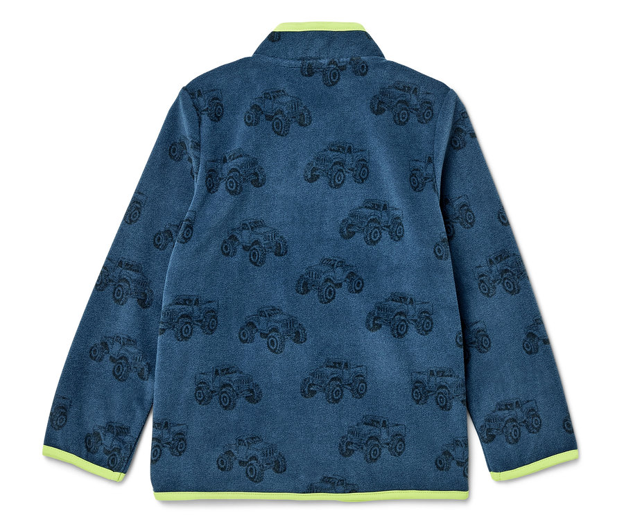 Blauer Fleece-Pullover mit Monstertruck-Muster und neongrünen Bündchen.
